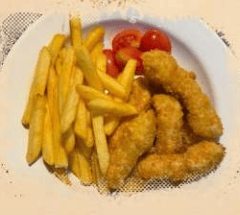 Prato infantil com iscas de pintado no Restaurante Bacuri