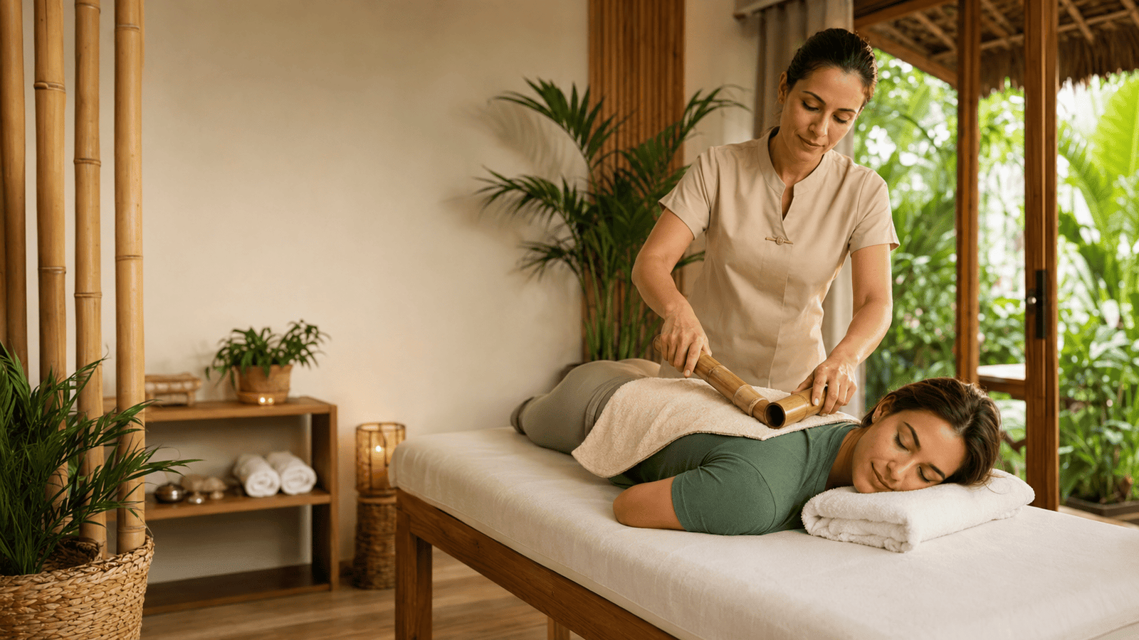 Cliente recebendo massagem com bambu em hotel ou pousada de Bonito MS