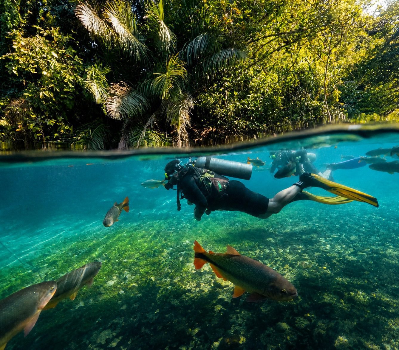 Mergulho com cilindro no Rio da Prata em Jardim MS com peixes e água transparente