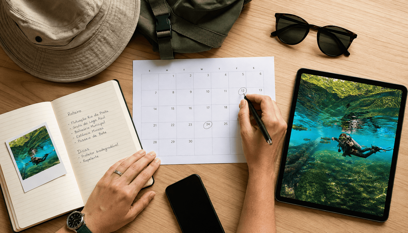 Calendário para planejamento de uma viagem a Bonito em 2026